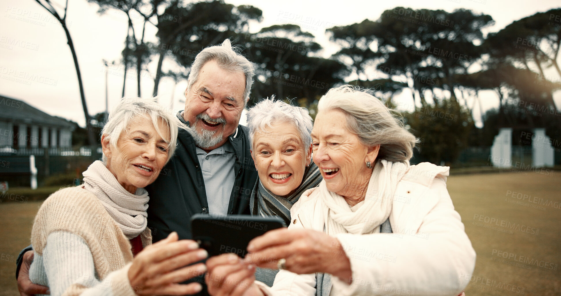 Buy stock photo Senior people, happy or friends take a selfie in park together for a memory with smile or joy outdoors. Group, old man or elderly women taking photo or picture in nature for social media for vlogging