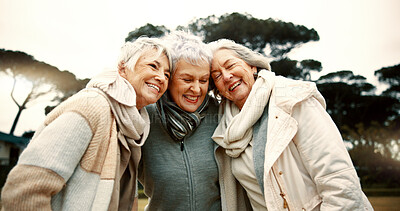 Hug, park and senior women with retirement, smile and happiness with bonding, quality time and relax. Friends, old ladies and female people outdoor, happy and retired with embrace, peace and wellness
