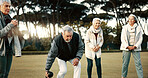 Bowls, applause and celebration with senior friends outdoor, cheering together during a game. Motivation, support or community and a group of elderly people cheering while having fun with a hobby