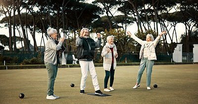 Bowls, applause and celebration with senior friends outdoor, cheering together during a game. Motivation, support or community and a group of elderly people cheering while having fun with a hobby