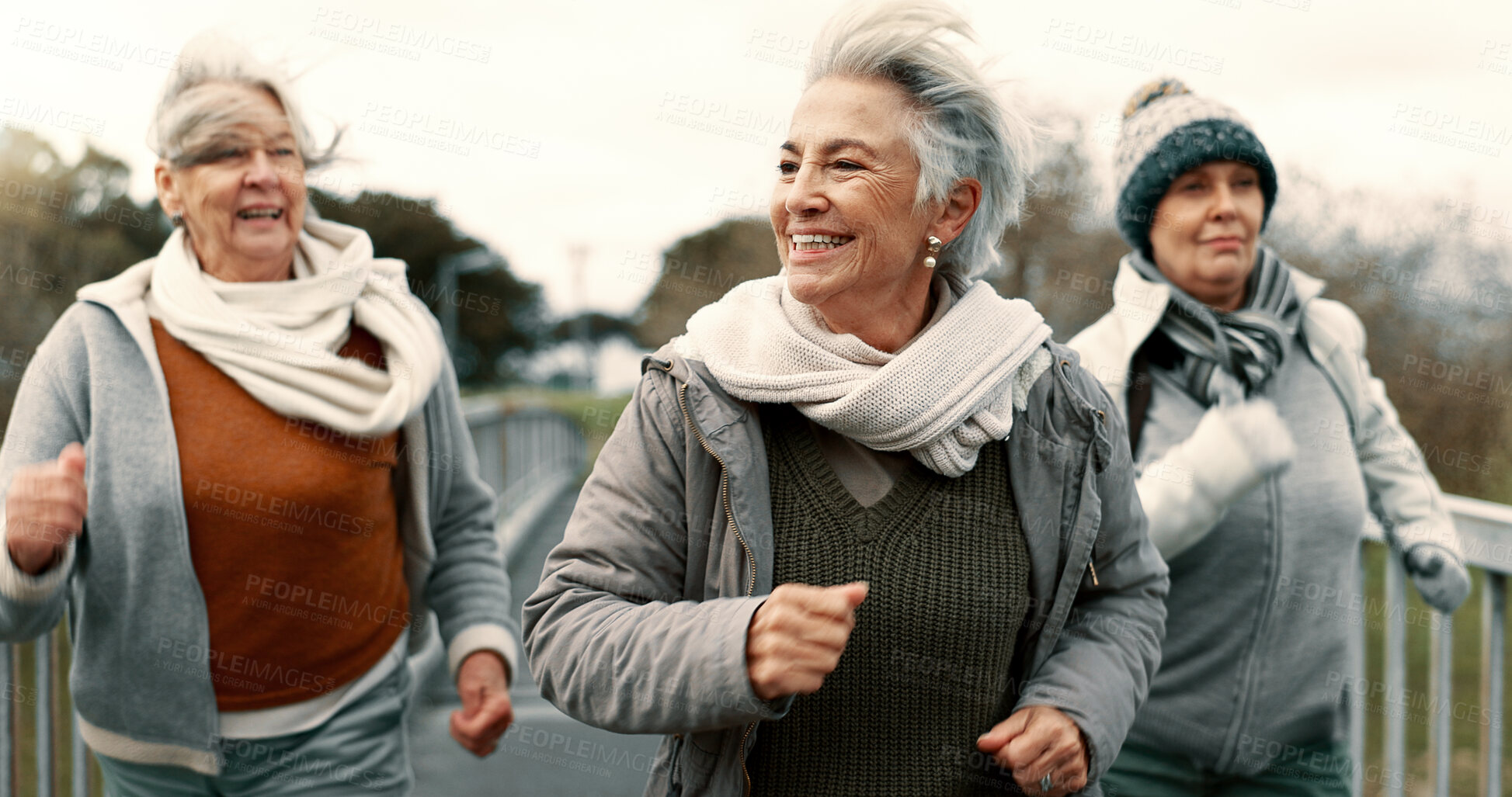 Buy stock photo Senior friends, women and walking with fitness, exercise and fresh air with happiness, wellness and health. Female people, mature ladies and group with speed walk, training and energy with freedom