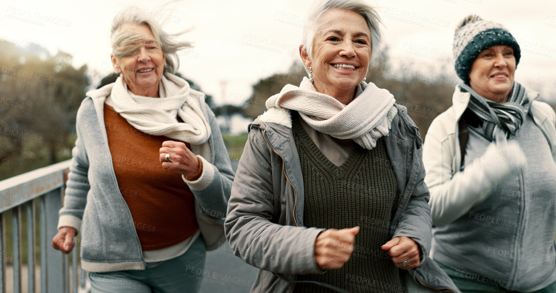 Buy stock photo Senior friends, women and walking with fitness, exercise and fresh air with happiness, wellness and health. Female people, mature ladies and group with speed walk, training and energy with freedom