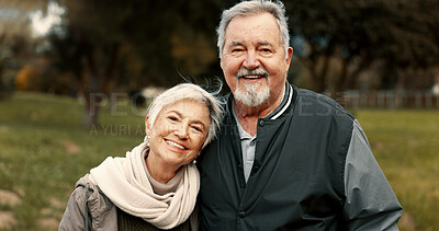 Face, love and happy with a senior couple outdoor in a park together for a romantic date during retirement. Portrait, smile or care with an elderly man and woman bonding in a garden for romance