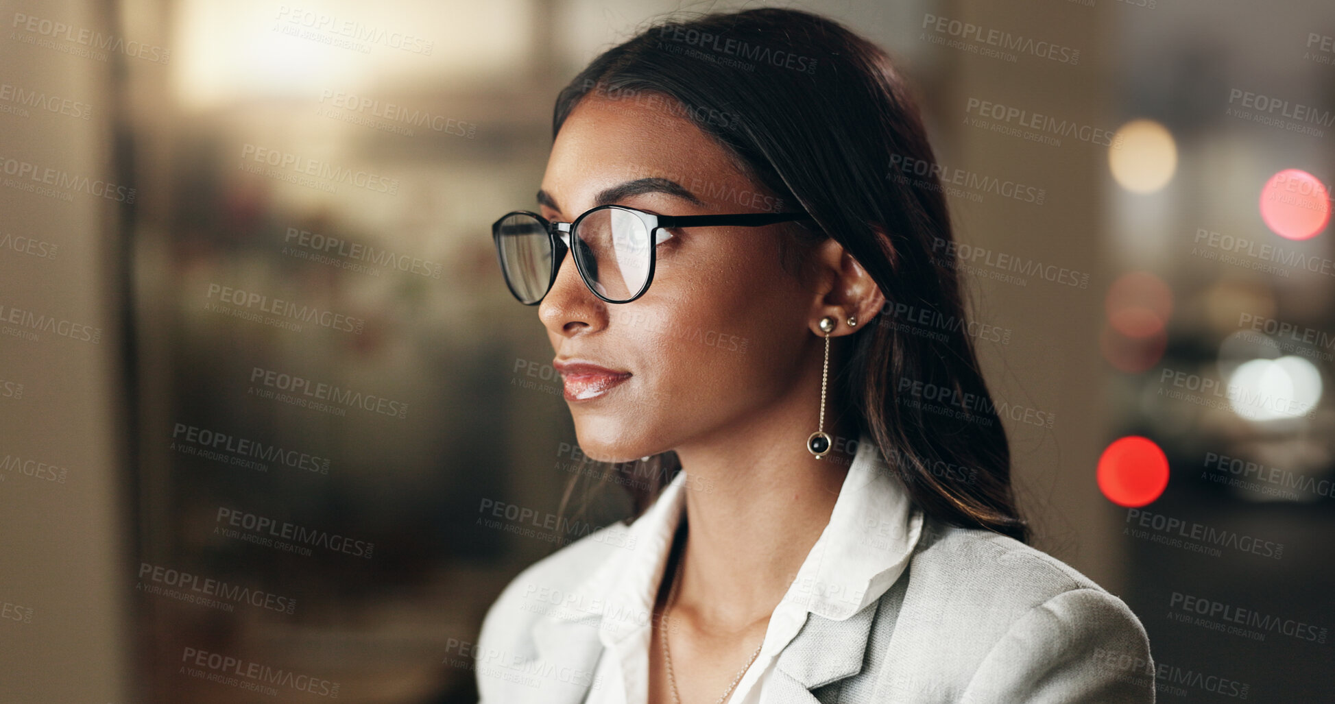 Buy stock photo Internet, overtime and woman in office with glasses, reflection of computer with planning and thinking. Vision, research and businesswoman typing email, late at night work on future ideas for agency.