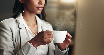 Coffee, night thinking and business woman work at office with computer data for job. Female professional, tea and online research for deadline and startup company report with hot drink and email