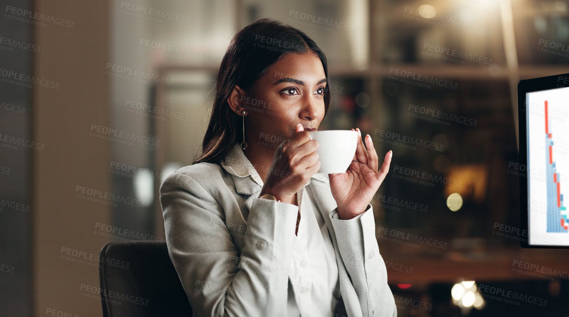 Buy stock photo Drinking coffee, night work and business woman working at office with computer data for job. Female professional, tea and online research for deadline and lawyer report with hot drink and email