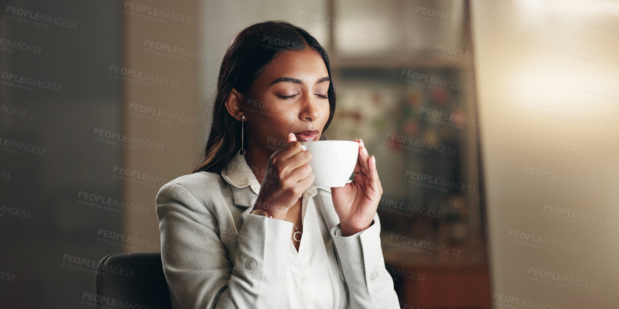Buy stock photo Drinking coffee, night work and business woman working at office with computer data for job. Female professional, tea and online research for deadline and lawyer report with hot drink and email