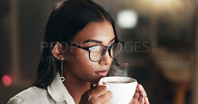 Drinking coffee, night and business woman working at office with computer data for job. Female professional, tea and online research for corporate deadline and lawyer report with hot drink and email