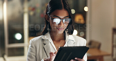 Buy stock photo Tablet, reflection and woman in office with glasses, overtime with planning and scroll on social media. Vision, research and businesswoman typing email, late at night work on future ideas for agency.
