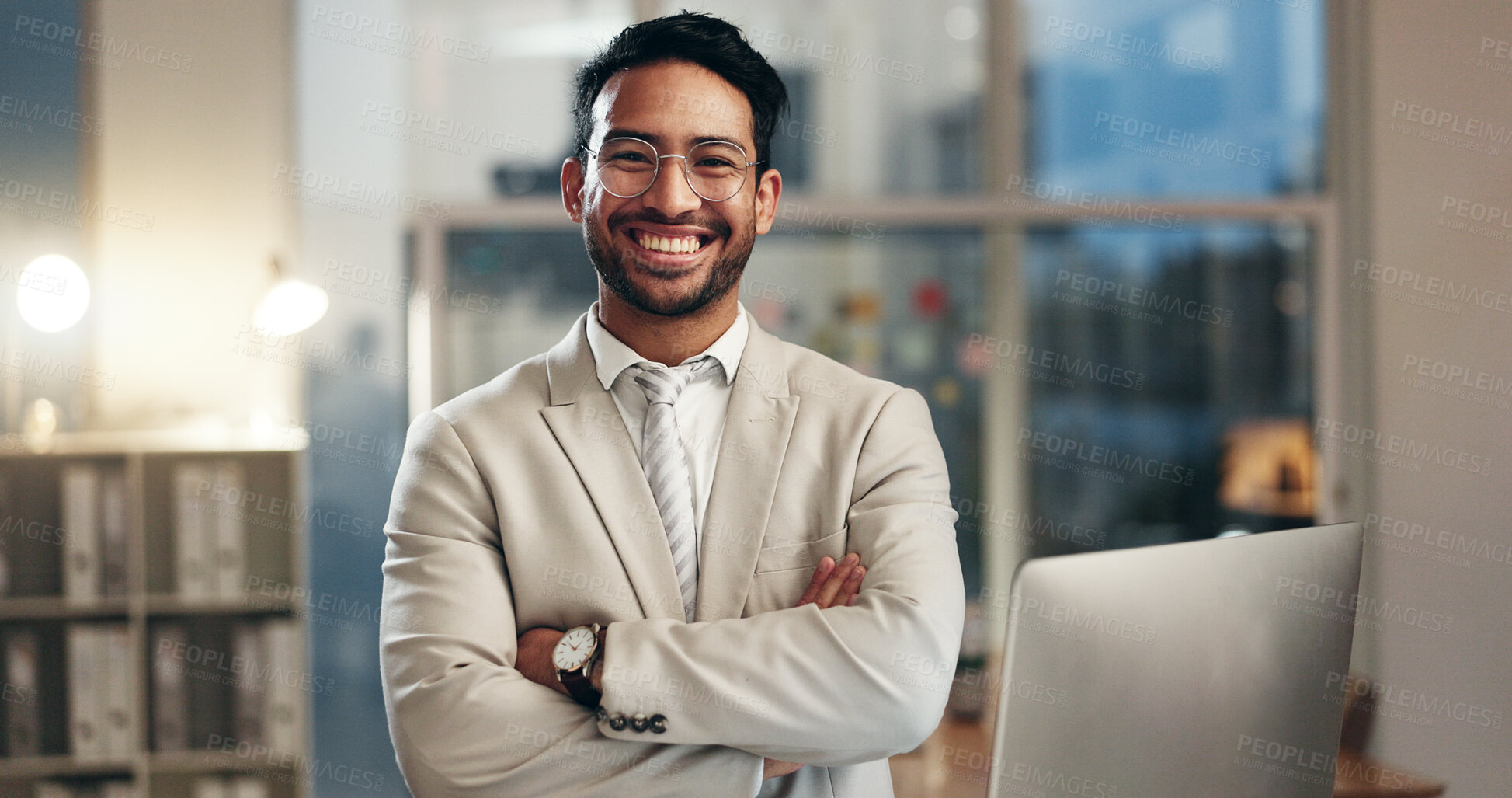 Buy stock photo Professional business office, arms crossed and happy man, night worker or admin smile for career, job or work vocation. Manager, expert or portrait person confident, smile and pride in administration
