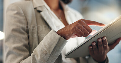 Tablet, night and hands of business person typing, scroll or check social network feedback, communication or customer experience. Research, closeup and corporate boss working on online data analysis