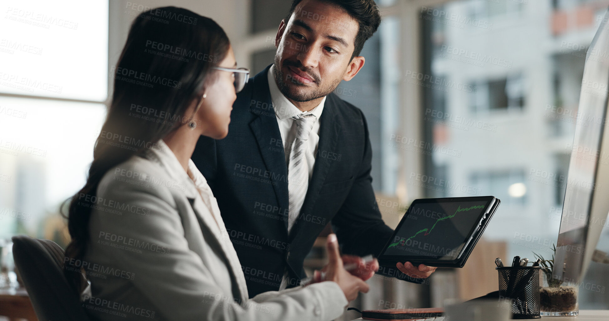 Buy stock photo Computer, tablet and professional team, stock market and consulting on NFT data, trading insight or IPO analytics. Finance partner, broker discussion and business people teamwork on crypto statistics