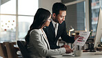 Computer, tablet and professional team, stock market and consulting on NFT data, trading insight or IPO analytics. Finance partner, broker discussion and business people teamwork on crypto statistics