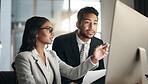 Computer, documents and professional team collaboration on data, trading investment or financial project. Paperwork, administration or business people teamwork, cooperation and review bank statistics