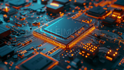 Buy stock photo Central Computer Processors and CPU mockup 3d render for quantum computing, data and graphics. Neon, blue and futuristic gpu chip design closeup for online business, microchip and science engineer