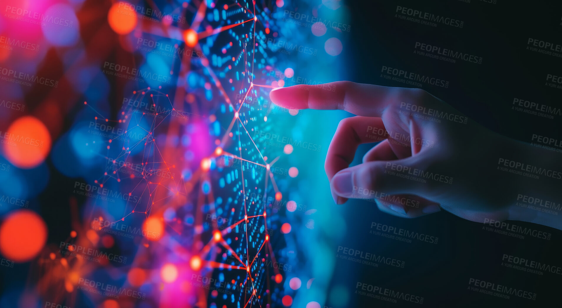 Buy stock photo Hand, internet and big data connection dots for cloud storage, artificial intelligence and coding. Blue, lines and network connectivity for ai algorithm, quantum computing and communication background