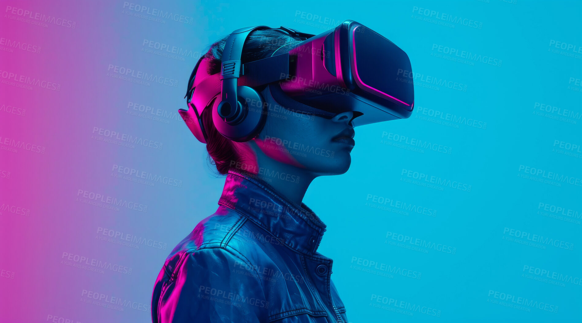 Buy stock photo Vr, game or woman in online metaverse gaming for fantasy,  cyber or scifi application. Explore, relax and fun virtual reality user or young female person in 3d ai experience in futuristic world