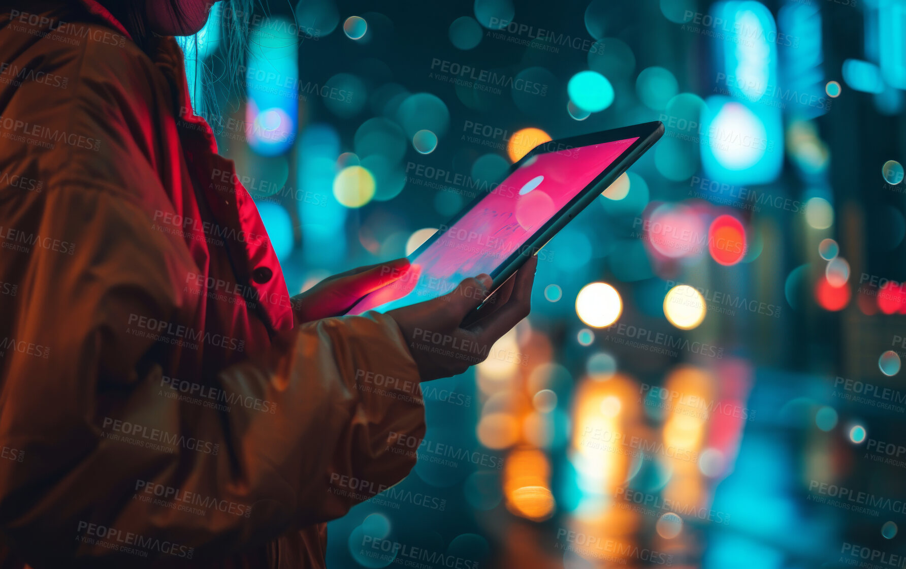 Buy stock photo Crop, business and hands with tablet checking location data, ai application or network connection. Late night, travel or research with bokeh background for artificial intelligence and communication
