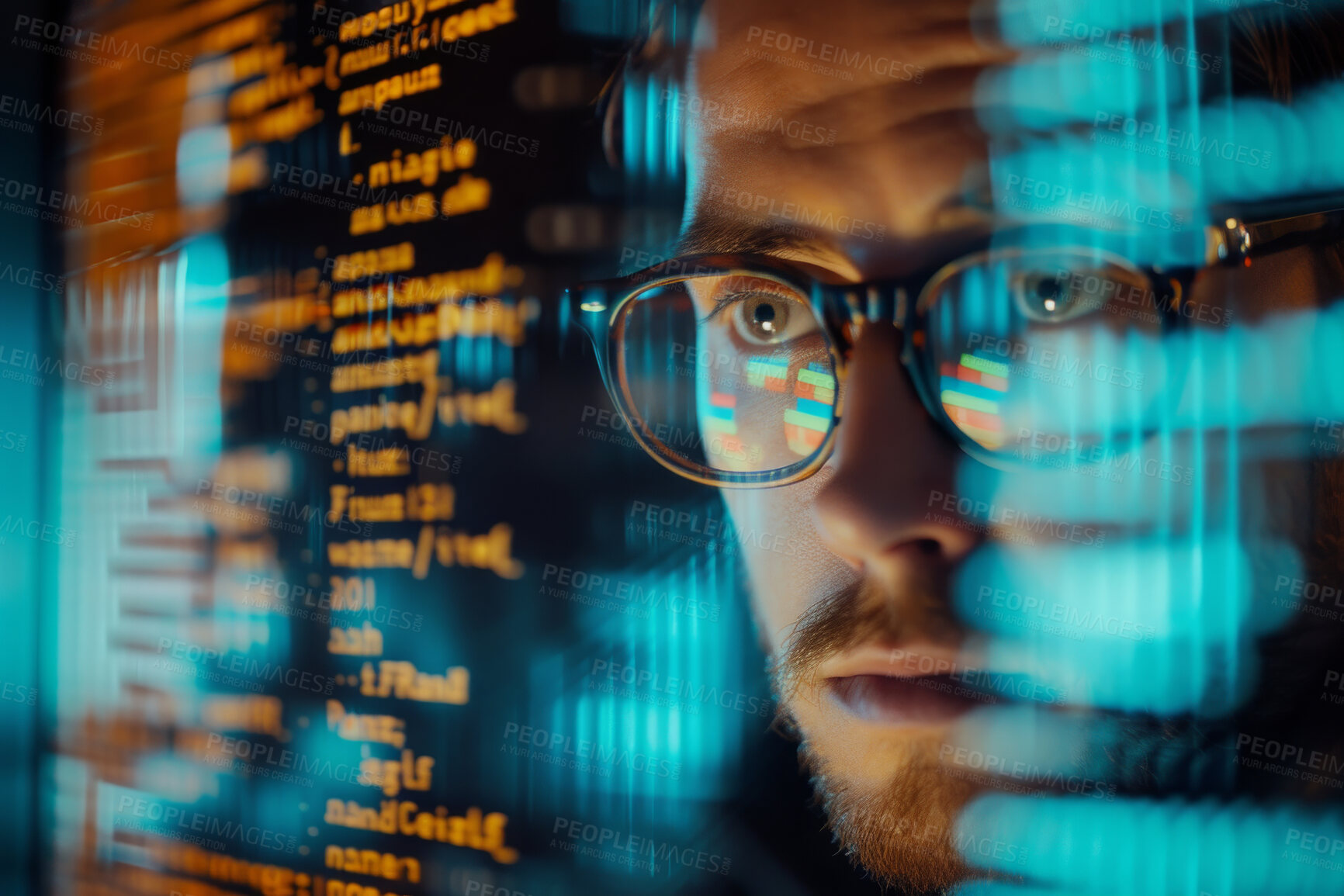 Buy stock photo Programming, ai code and man with focus, hologram and digital software with cyber security, futuristic and website development. Male, coder or trader with data analysis and security at night
