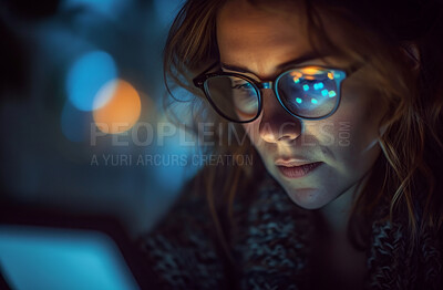 Programming, business and woman working on a tablet at night for information technology agency and artificial intelligence. Female, confident and corporate worker at the office for data analysis