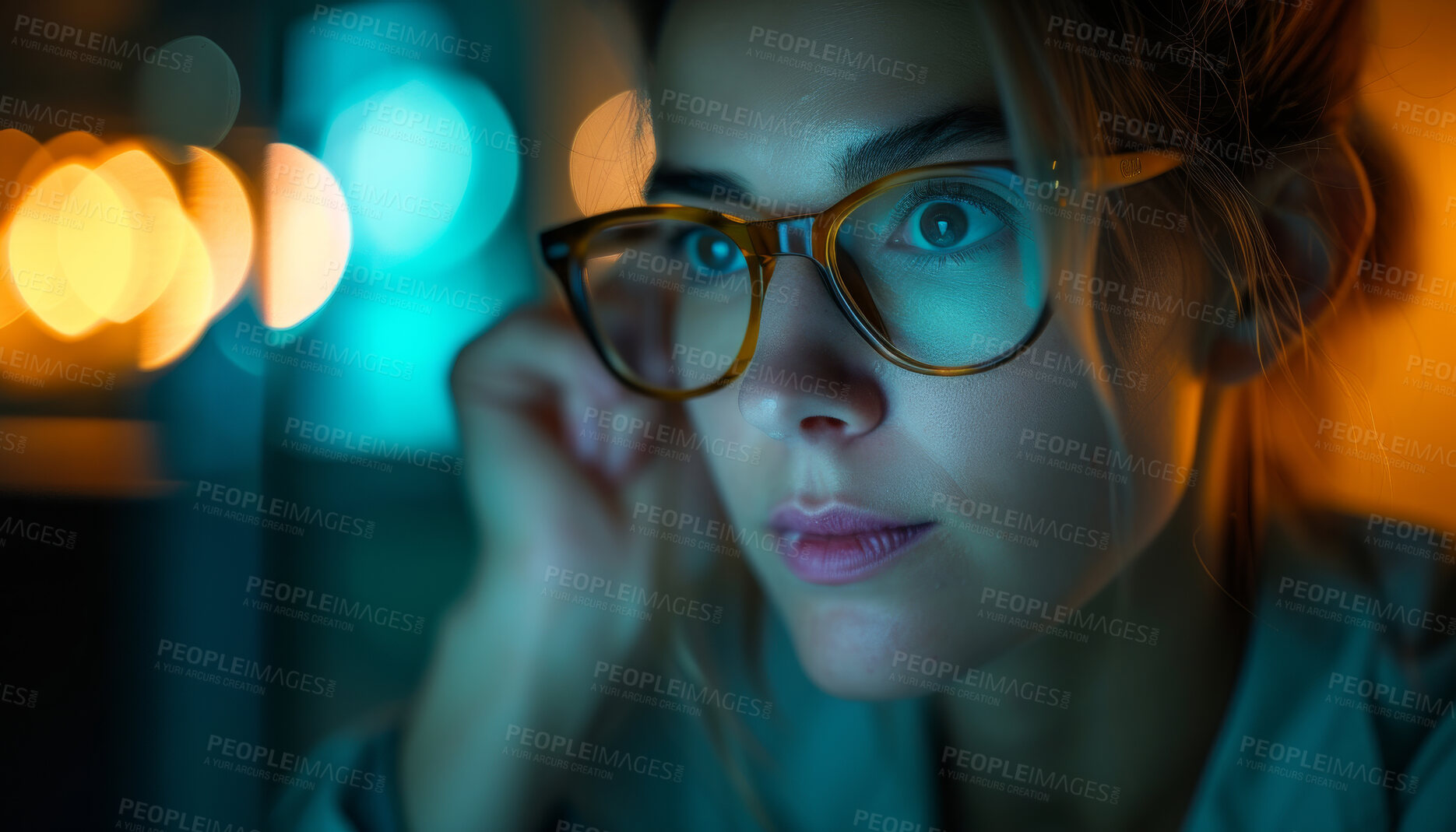 Buy stock photo Programming, business and woman working at night for information technology agency and artificial intelligence. Female, confident and closeup of corporate worker at the office for data analysis