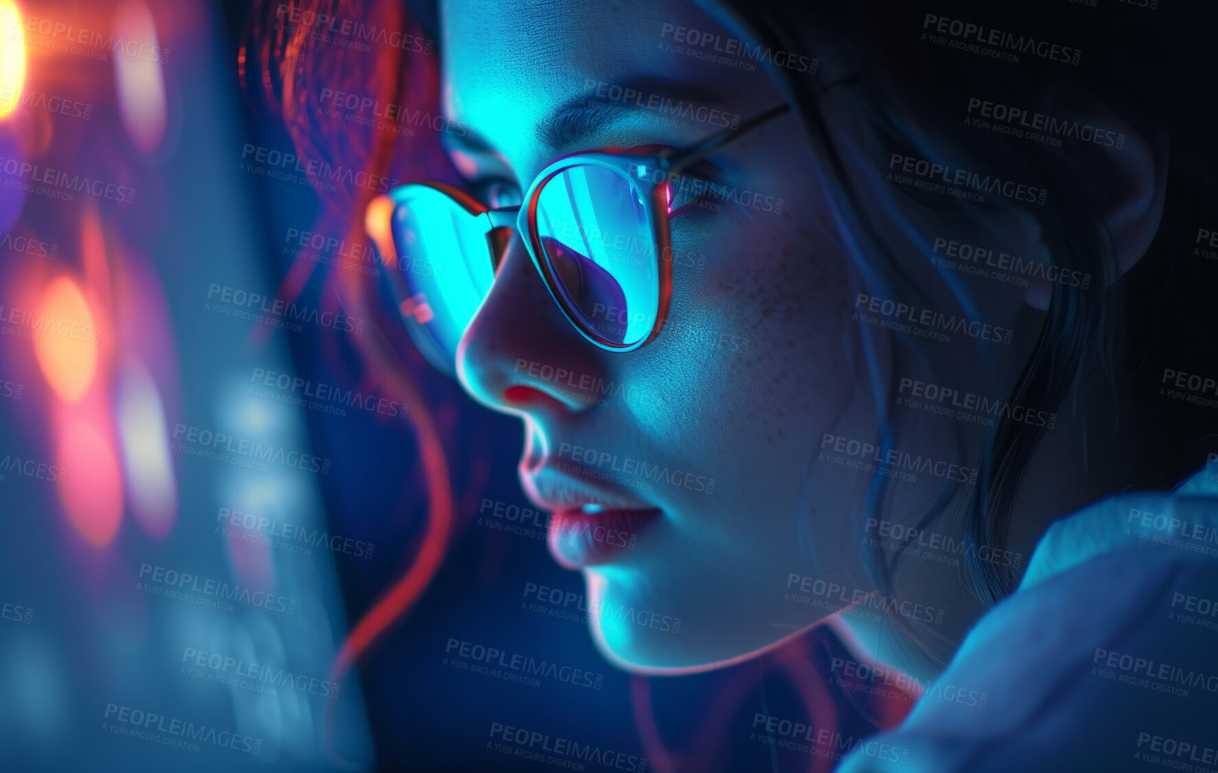 Buy stock photo Programming, business and woman working on laptop at night for information technology agency and artificial intelligence. Female, confident and corporate worker at the office for data analysis