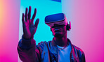 Vr, game or man in online metaverse gaming for fantasy,  cyber space or scifi application. Explore, relax and fun virtual reality user or young male person in 3d ai experience in futuristic world