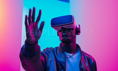 Vr, game or man in online metaverse gaming for fantasy, cyber space or scifi application. Explore, relax and fun virtual reality user or young male person in 3d ai experience in futuristic world