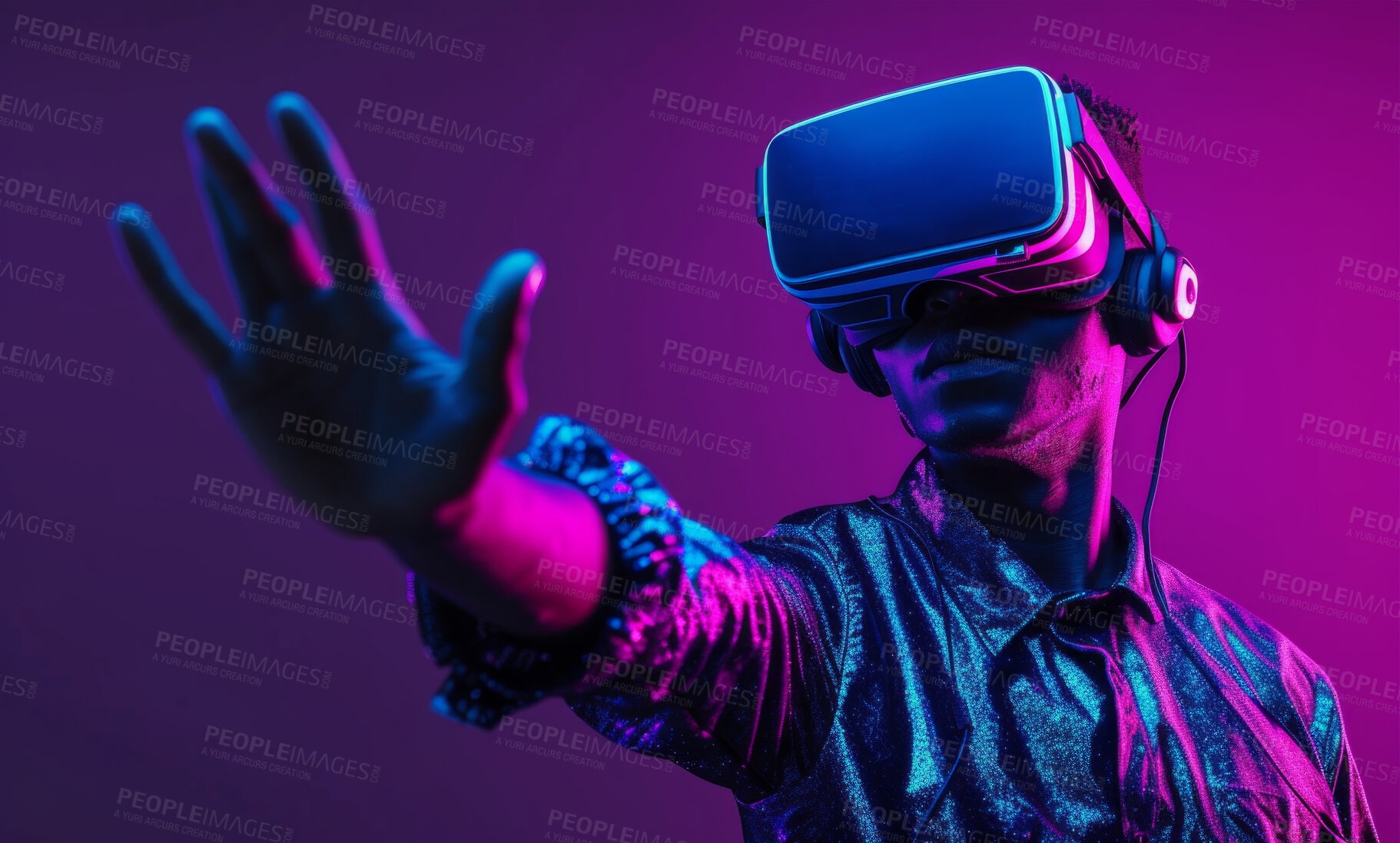 Buy stock photo Vr, game or man in online metaverse gaming for fantasy,  cyber space or scifi application. Explore, relax and fun virtual reality user or young male person in 3d ai experience in futuristic world