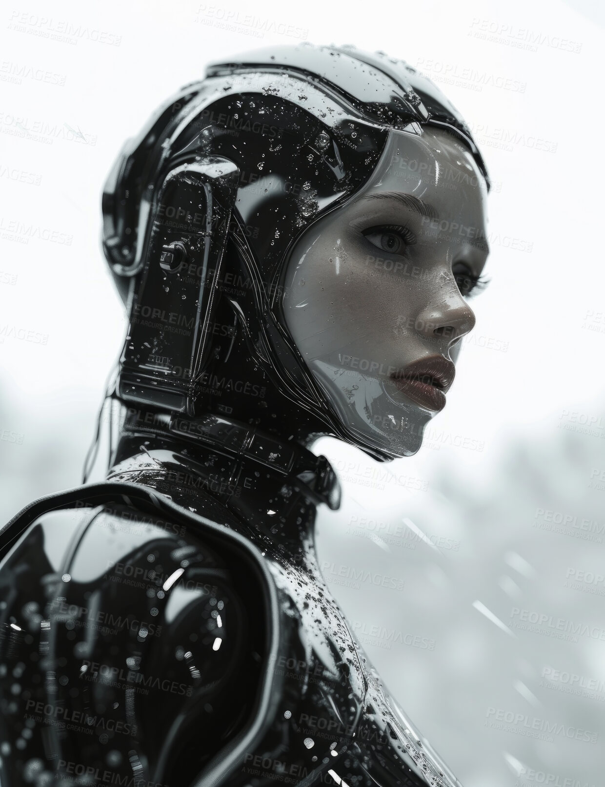 Buy stock photo Android robot, cyborg and avatar design for ai, technology science and metaverse 3d character. Futuristic, machine learning and modern female robotics for tech software and programming wallpaper