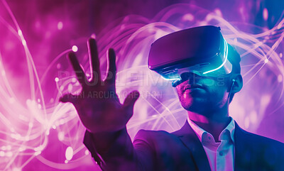 Vr, game or man in online metaverse gaming for fantasy, cyber space or scifi application. Explore, relax and fun virtual reality user or young male person in 3d ai experience in futuristic world