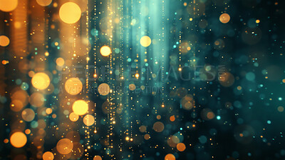 Abstract bokeh, blue and futuristic background for graphic design, technology science and creative backdrop. Colourful, motion and glitter fairy lights for celebration, computing and ai wallpaper