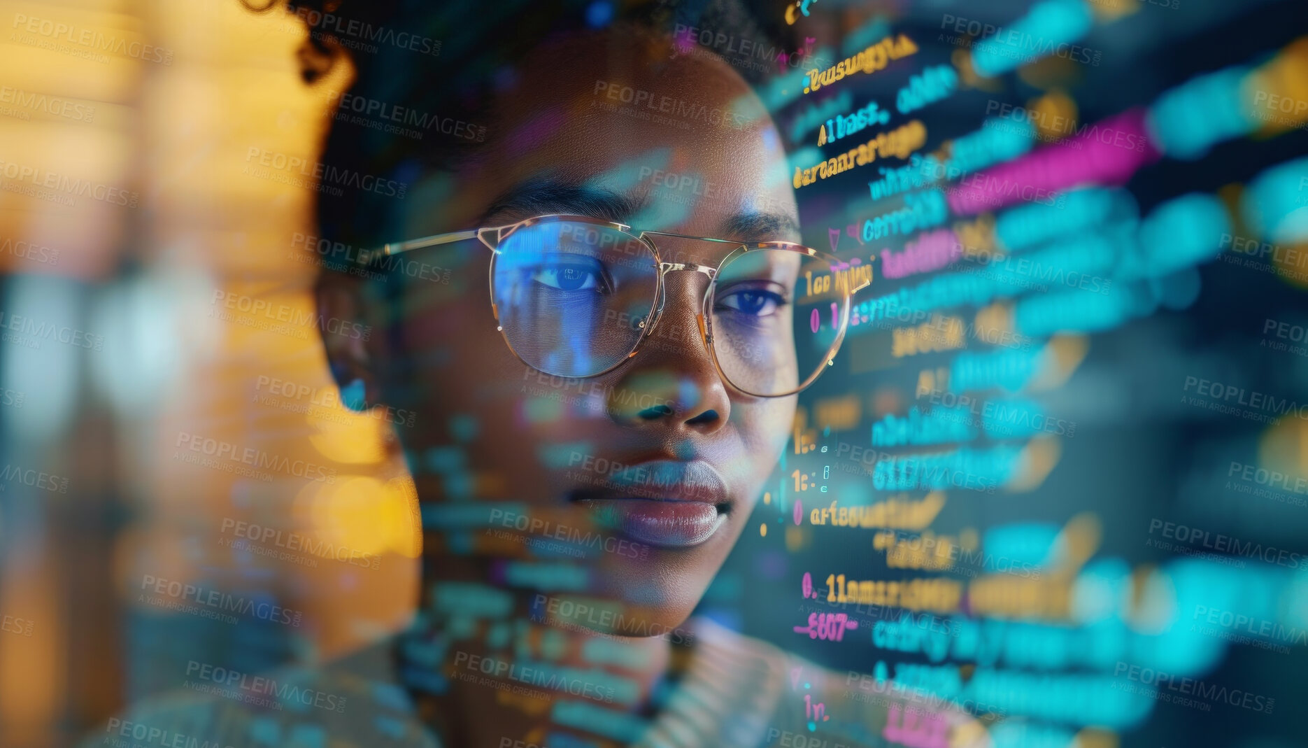 Buy stock photo Programming, ai code and woman with focus, hologram and digital software with cyber security, futuristic and website development. Female, coder or trader with data analysis and security at night