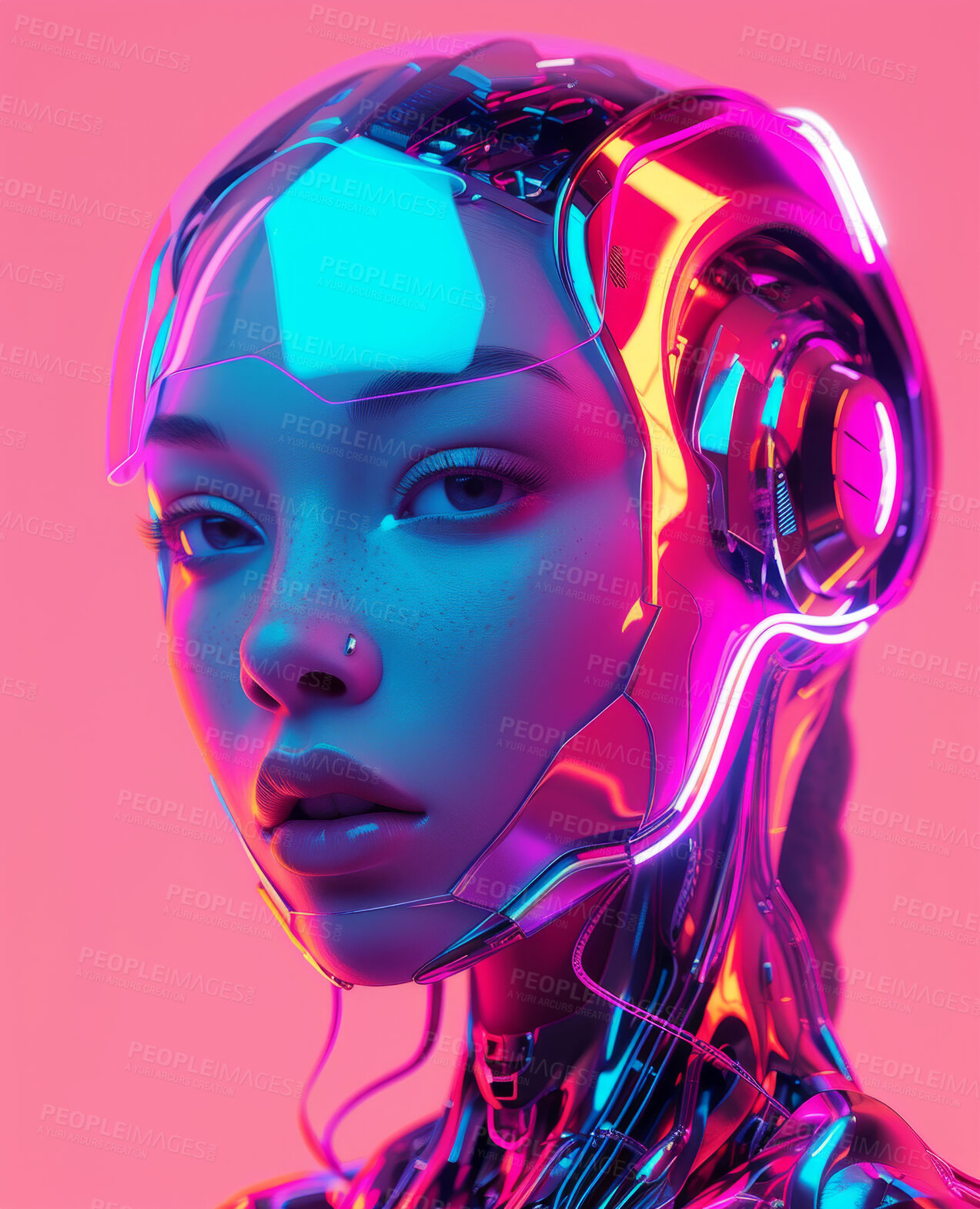 Buy stock photo Android robot, cyborg and avatar design for ai, technology science and metaverse 3d character. Futuristic, machine learning and modern female robotics for tech software and programming wallpaper