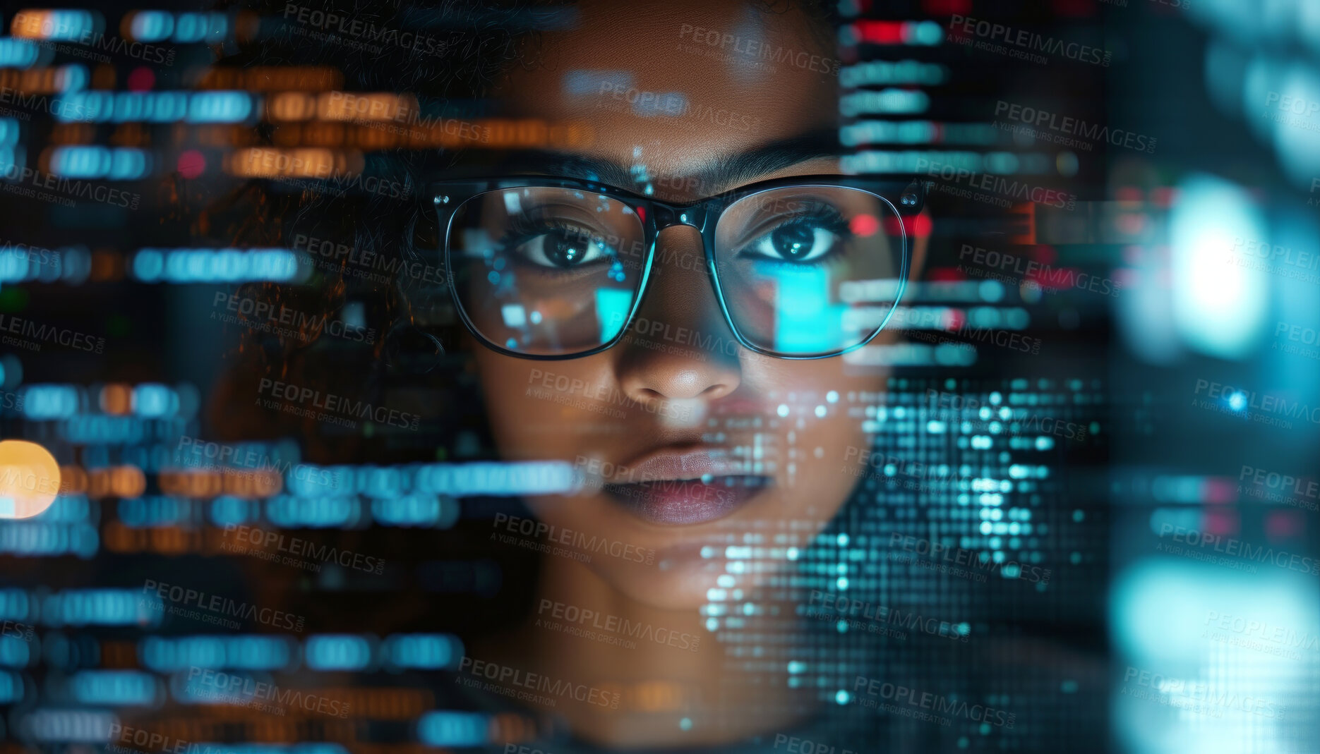 Buy stock photo Programming, ai code and woman with focus, hologram and digital software with cyber security, futuristic and website development. Female, coder or trader with data analysis and security at night