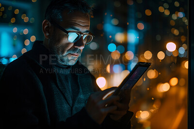 Programming, business and man working on a tablet at night for information technology agency and artificial intelligence. Male, confident and corporate worker at the office for data analysis