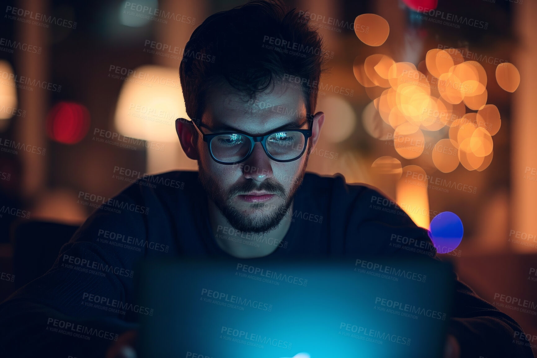 Buy stock photo Programming, business and man working on a laptop at night for information technology agency and artificial intelligence. Male, confident and corporate worker at the office for data analysis
