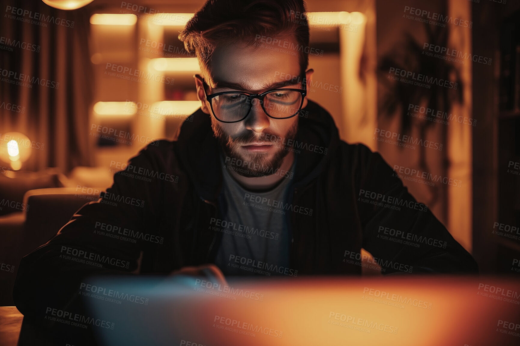 Buy stock photo Programming, business and man working on a laptop at night for information technology agency and artificial intelligence. Male, confident and corporate worker at the office for data analysis
