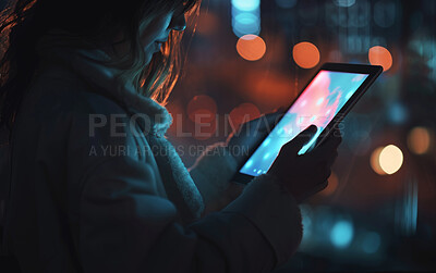 Crop, business and hands with tablet checking location data, ai application or network connection. Late night, travel or research with bokeh background for artificial intelligence and communication