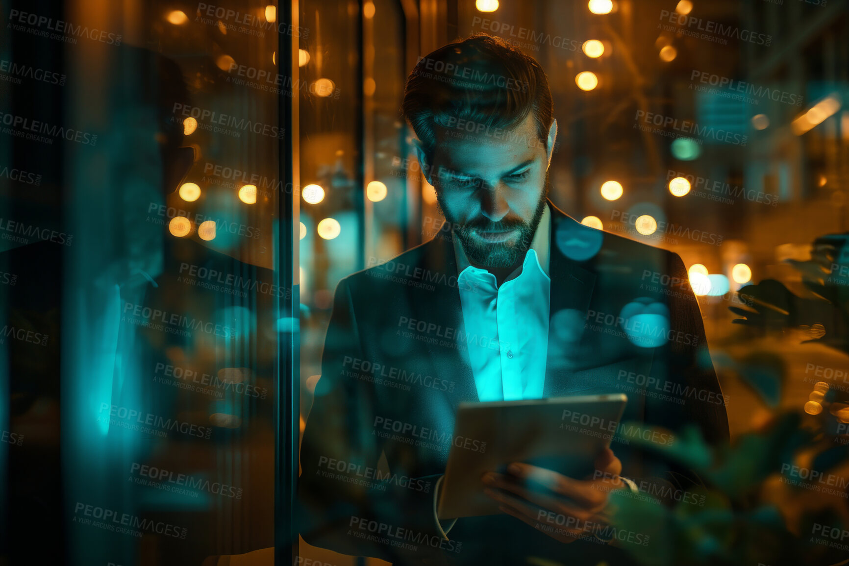 Buy stock photo Programming, business and man working on a tablet at night for information technology agency and artificial intelligence. Male, confident and corporate worker at the office for data analysis