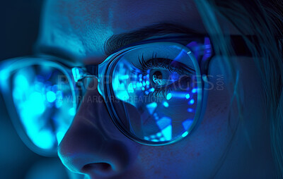 Programming, business and woman working at night for information technology agency and artificial intelligence. Female, confident and closeup of corporate worker at the office for data analysis