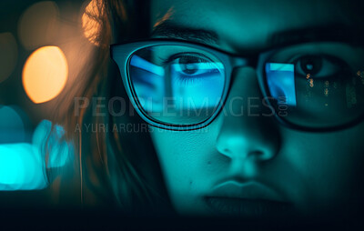 Programming, business and woman working at night for information technology agency and artificial intelligence. Female, confident and closeup of corporate worker at the office for data analysis