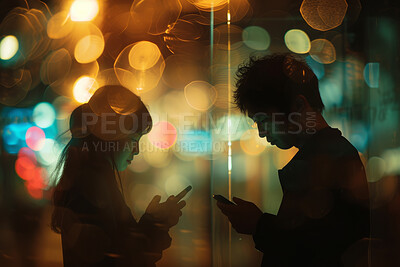 Couple, cellphone and communication background for big data, social media addiction and smartphone technology. Dark, light and neon colours for browsing data, ai interface and typing a message
