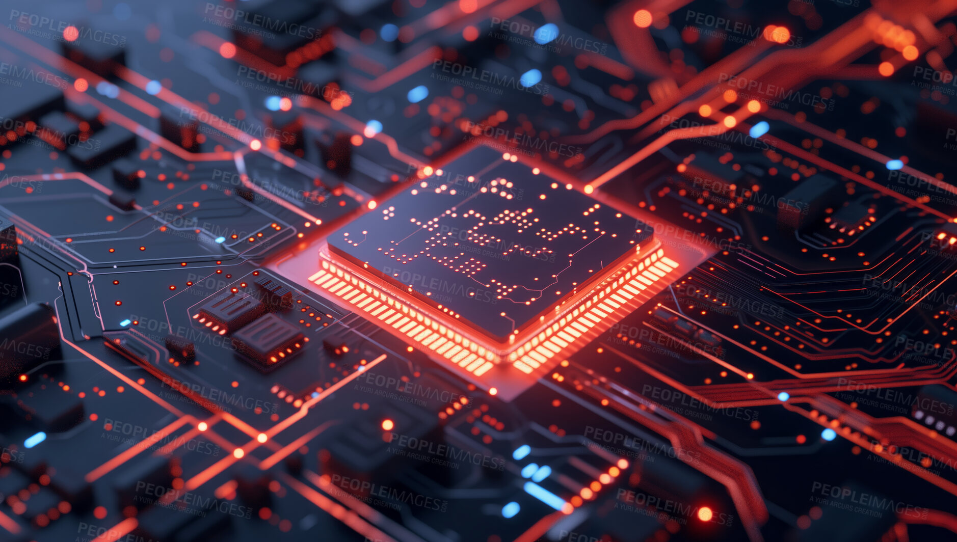 Buy stock photo Central Computer Processors and CPU mockup 3d render for quantum computing, data and graphics. Neon, pink and futuristic gpu chip design closeup for online business, microchip and science engineer