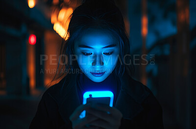 Woman, cellphone and communication background for big data, social media addiction and smartphone technology. Dark, light and neon colours for browsing data, ai interface and typing a message
