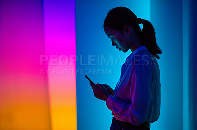 Woman, cellphone and communication background for big data, social media addiction and smartphone technology. Dark, light and neon colours for browsing data, ai interface and typing a message