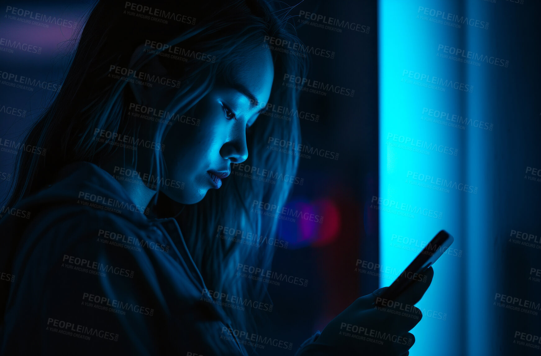 Buy stock photo Woman, cellphone and communication background for big data, social media addiction and smartphone technology. Dark, light and neon colours for browsing data, ai interface and typing a message