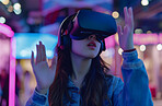 Vr, game or woman in online metaverse gaming for fantasy,  cyber or scifi application. Explore, relax and fun virtual reality user or young female person in 3d ai experience in futuristic world