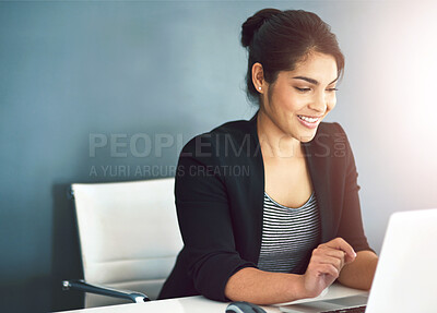 Buy stock photo Technology, businesswoman with laptop and at her desk of a modern workplace office.  Social networking or online communication, connectivity and female person typing an email at her workstation