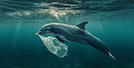 Ocean, sea and dolphin swimming underwater in clear water for tourism, holiday, adventure and travel. Blue, wildlife and nature scene with plastic for impact of pollution, environment and waste